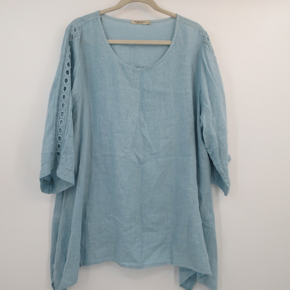 Valentina Naldi Womens 2X Linen Tunic Blue Eyelet Sleeve Made in Italy 22088P